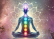 Silhueta de uma pessoa sentada em posição de meditação com os sete chakras alinhados ao longo do corpo. O chakra laríngeo é destacado com uma faixa de ondas frequenciais estilizadas. No fundo, uma flor de lótus transparente cria uma atmosfera leve e serena.