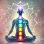 Silhueta de uma pessoa sentada em posição de meditação com os sete chakras alinhados ao longo do corpo. O chakra laríngeo é destacado com uma faixa de ondas frequenciais estilizadas. No fundo, uma flor de lótus transparente cria uma atmosfera leve e serena.