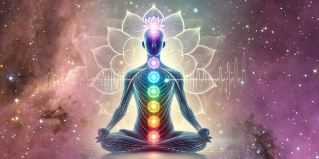05_blog Silhueta de uma pessoa sentada em posição de meditação com os sete chakras alinhados ao longo do corpo. O chakra laríngeo é destacado com uma faixa de ondas frequenciais estilizadas. No fundo, uma flor de lótus transparente cria uma atmosfera leve e serena.