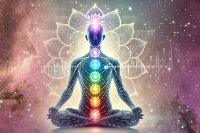 Silhueta de uma pessoa sentada em posição de meditação com os sete chakras alinhados ao longo do corpo. O chakra laríngeo é destacado com uma faixa de ondas frequenciais estilizadas. No fundo, uma flor de lótus transparente cria uma atmosfera leve e serena.