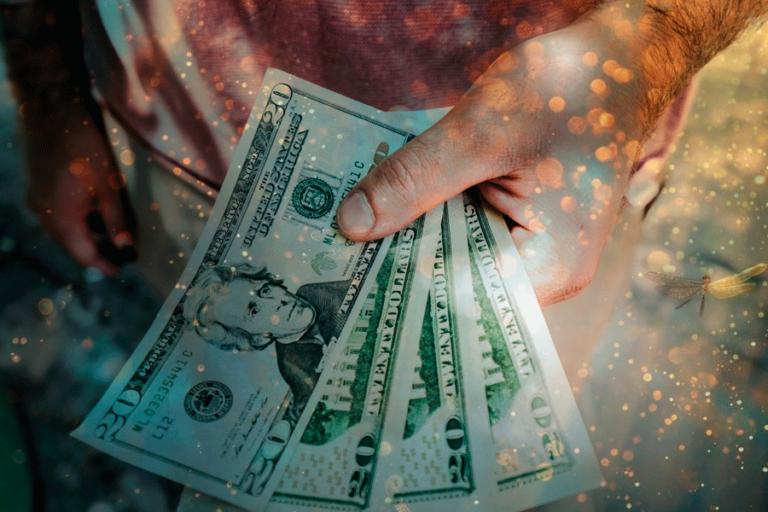 Mão segurando notas de dólar com um efeito de luz dourada e brilho ao fundo, simbolizando abundância e conexão energética com o dinheiro.