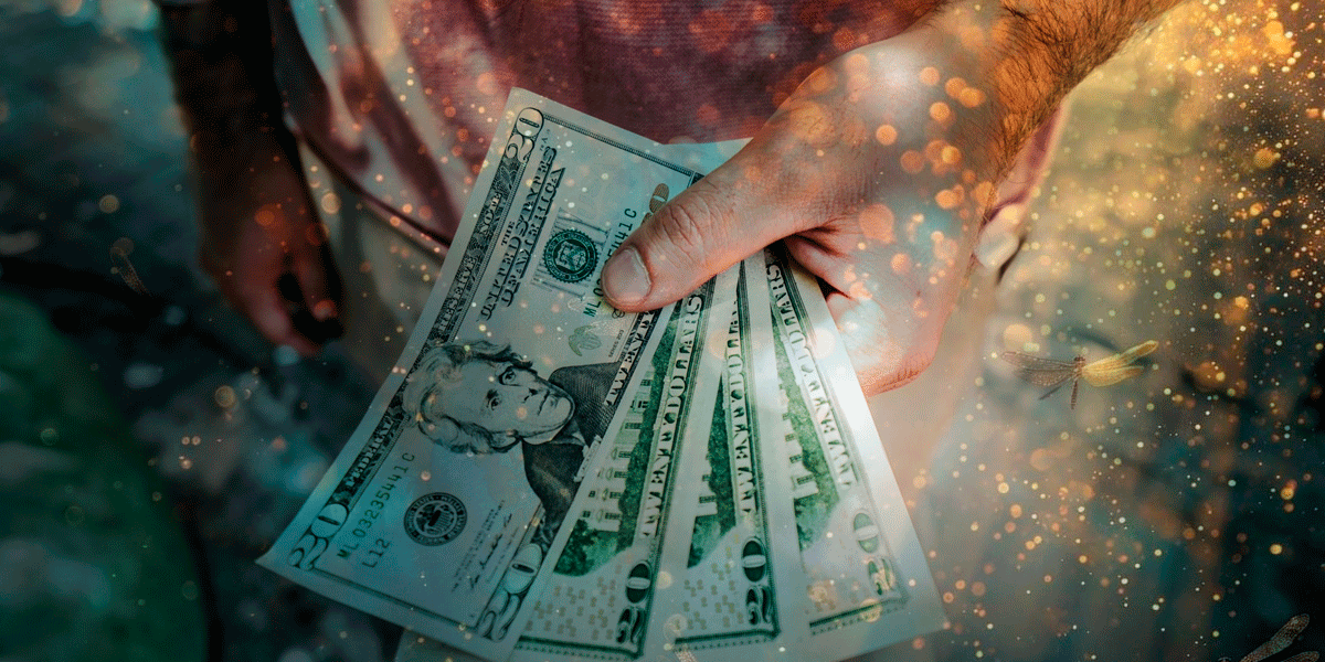14_blog Mão segurando notas de dólar com um efeito de luz dourada e brilho ao fundo, simbolizando abundância e conexão energética com o dinheiro.