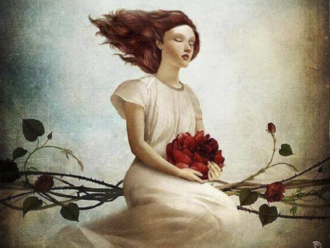 aliviando_a_menopausa_com_a_terapia_tradicional_chinesa desenho de uma mulher com cabelo esvoaçante e flores vermelhas no colo