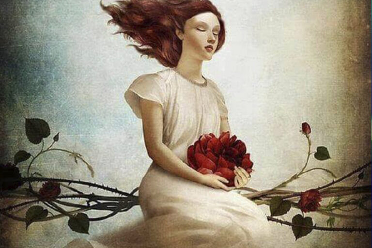 desenho de uma mulher com cabelo esvoaçante e flores vermelhas no colo