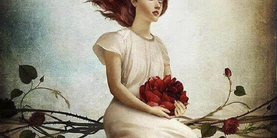 aliviando_a_menopausa_com_a_terapia_tradicional_chinesa desenho de uma mulher com cabelo esvoaçante e flores vermelhas no colo